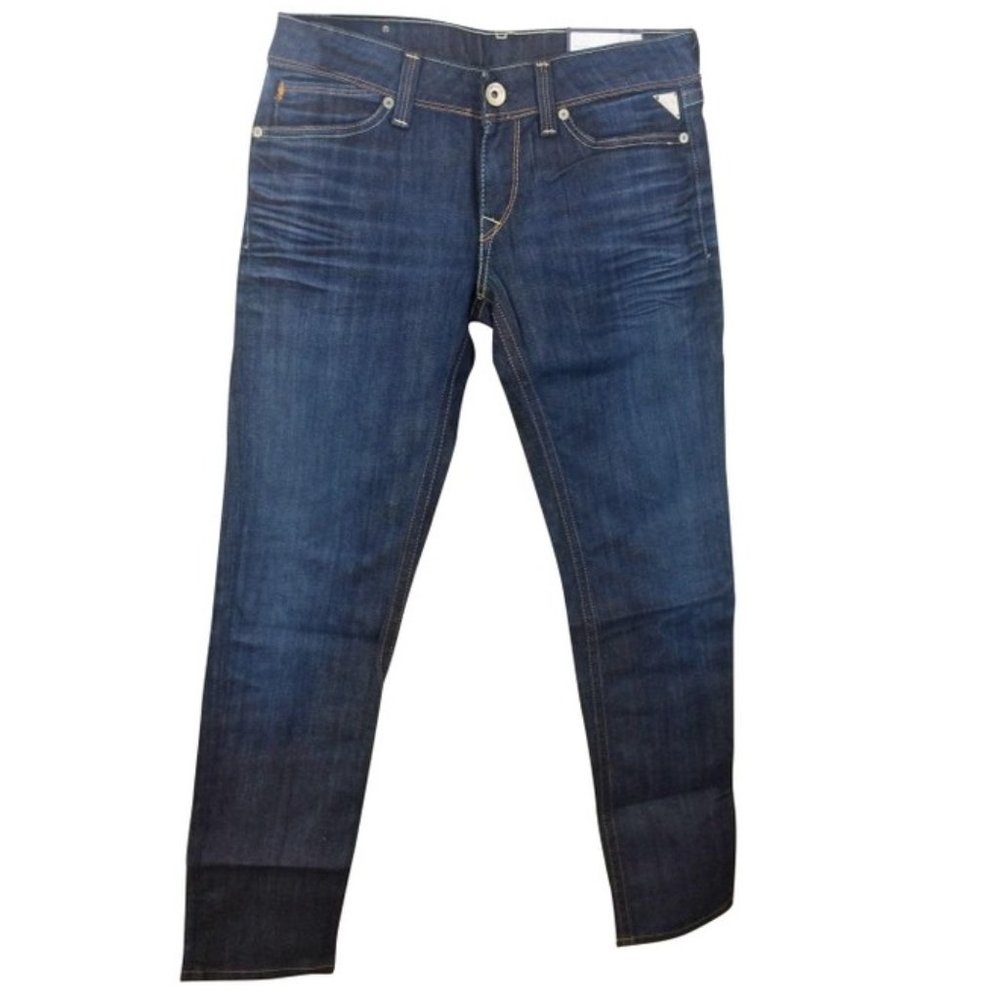 Replay women's 28 leather tassel zip pockets dark shiny stretch slim jeans 28x30